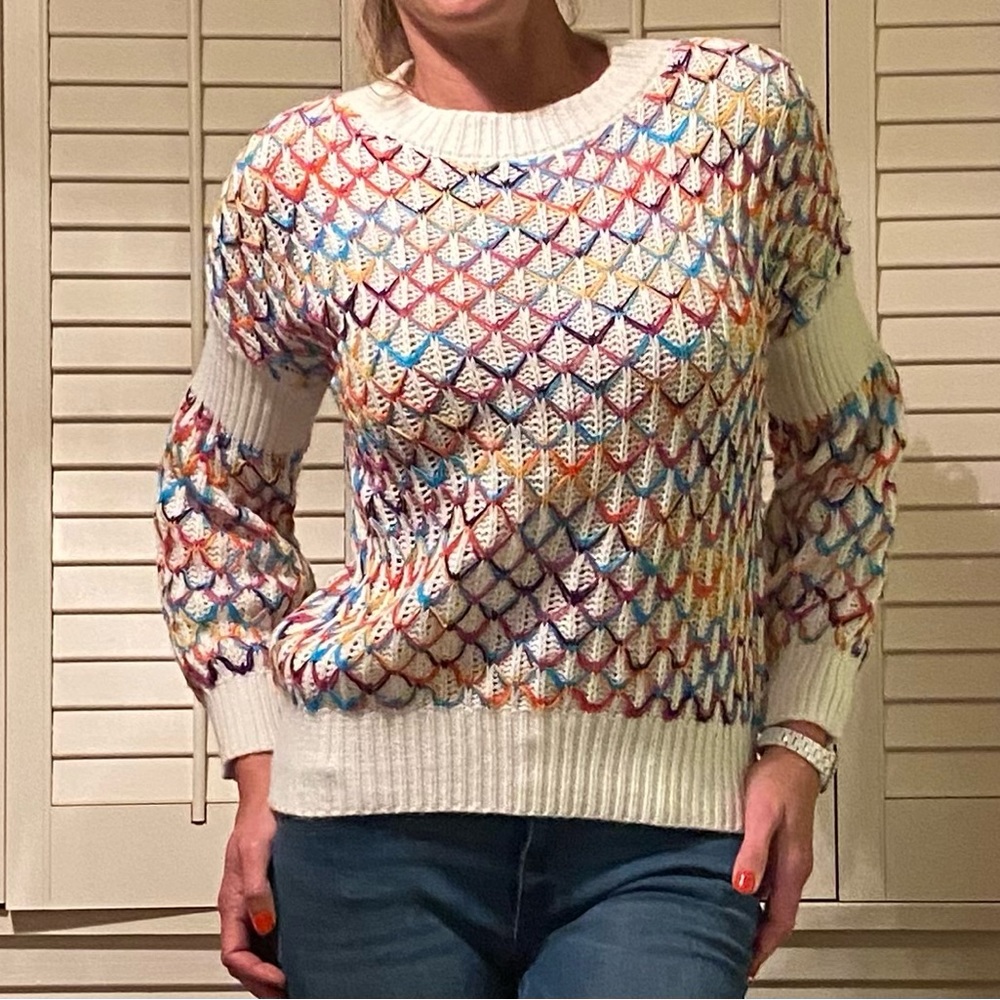 Vintage balloon sleeve colorful white sweater